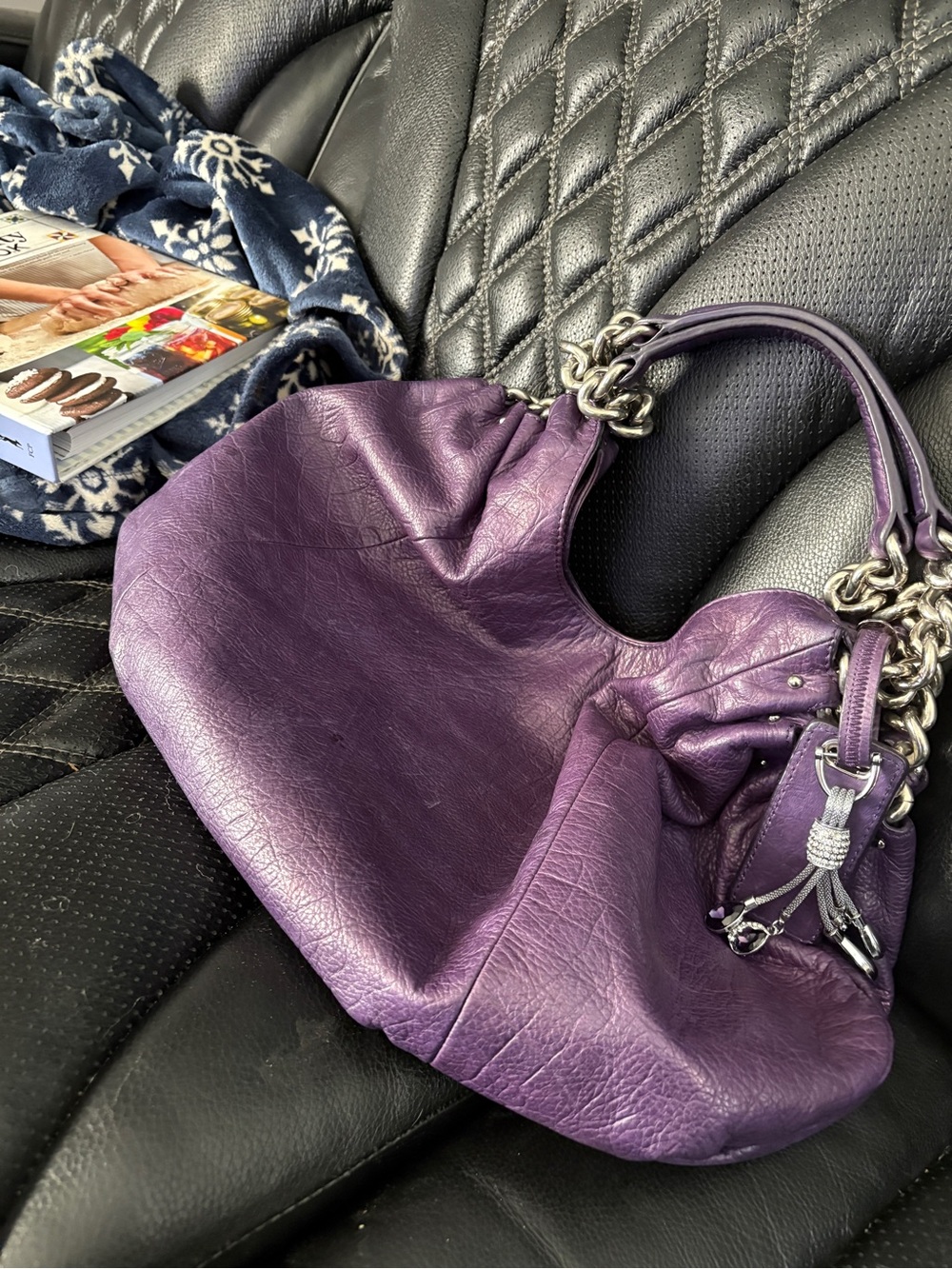 b. makowsky Purple Leather Shoulder Bag with Silver Chain Handles